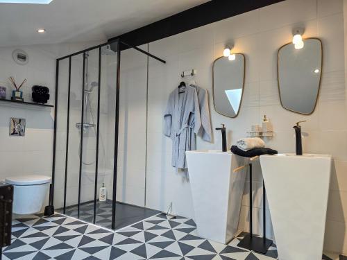 a bathroom with a shower and a toilet and mirrors at La Fraizière in Arnaville