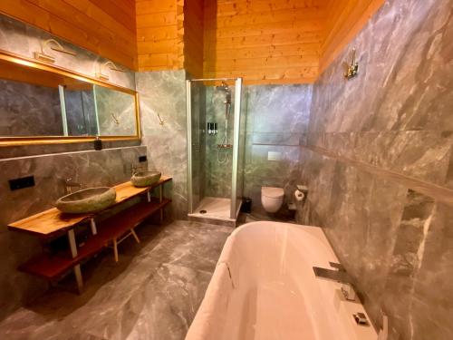 a bathroom with a tub and a shower and a sink at Chalet Zugspitze in Grainau