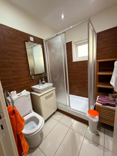 a bathroom with a shower and a toilet and a sink at Seana Hidden Gem in Kapparis in Paralimni