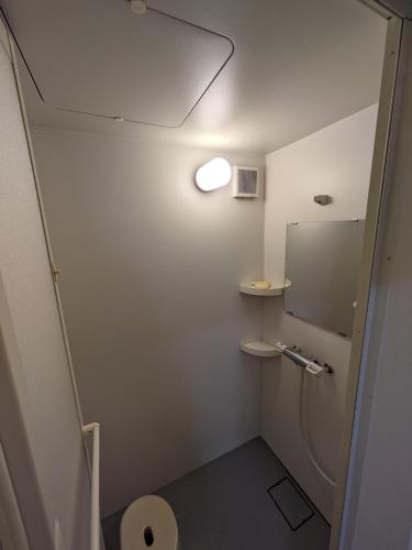 a small bathroom with a toilet and a mirror at 平屋宿まえの in Motoyama