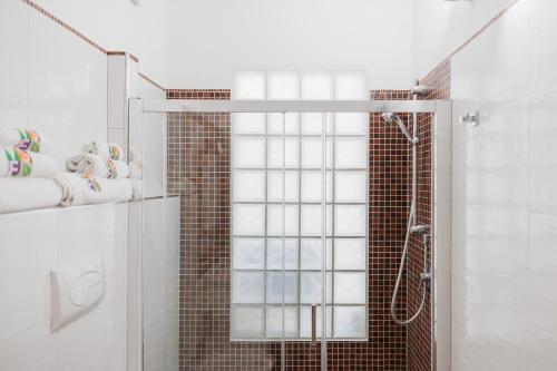 a bathroom with a shower with a glass door at Villa Serra d'Elci in Ascea