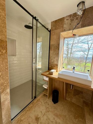 a bathroom with a sink and a glass shower at Studio MEZILES in Buš