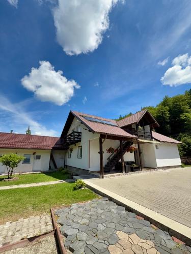 a house with a pathway in front of it at Casa Popa’s in Cârțișoara