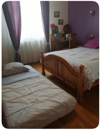 two twin beds in a bedroom with a window at Chambre calme Beauval Chateaux in Montrichard