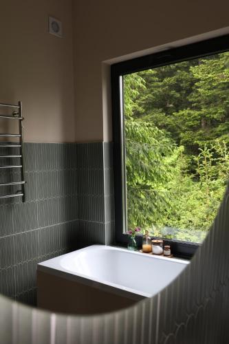 a bath tub in a bathroom with a window at Зелено Східниця in Skhidnitsa