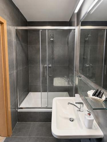 a bathroom with a shower and a sink at Apartmány U Jelena 2 in Český Krumlov