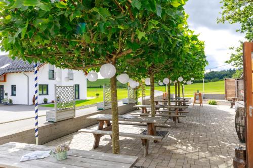 a row of wooden picnic tables under trees at Ferienanlage Villa Maare in Gillenfeld