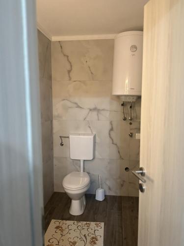 a bathroom with a toilet and a marble wall at Lake Apartment Krupac in Nikšić