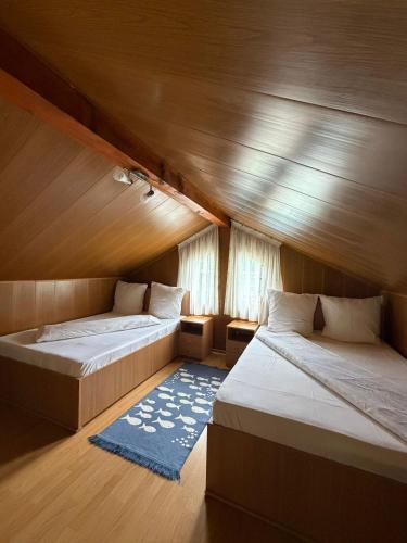 a bedroom with two beds and a blue rug at VILLAGEbythelake Bicaz in Bicaz