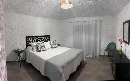 a bedroom with a bed and a white wall at Cueva Pilar in Graena