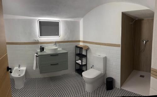 a small bathroom with a toilet and a sink at Cueva Pilar in Graena