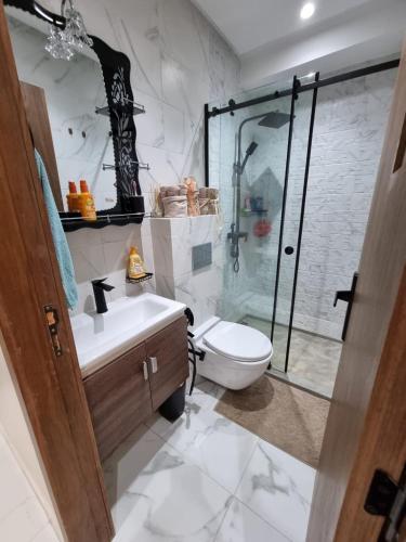 a bathroom with a shower and a sink and a toilet at Modern flat in a central location in Kenitra in Kenitra