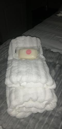 a white towel with a frisbee on a bed at Radiant Residence in Grahamstown