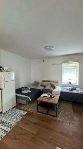 a living room with two beds and a coffee table at Apartma SAAAN in Šempas