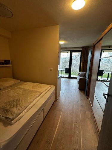 a bedroom with a bed and a wooden floor at Apartman Jasan Spot in Železná Ruda
