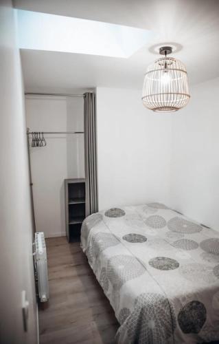 a bedroom with a bed and a chandelier at 2 Pause détente avec terrasse privée in Ernée
