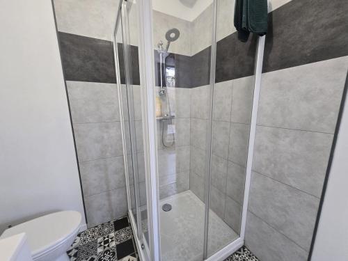 a shower stall in a bathroom with a toilet at 2 Pause détente avec terrasse privée in Ernée