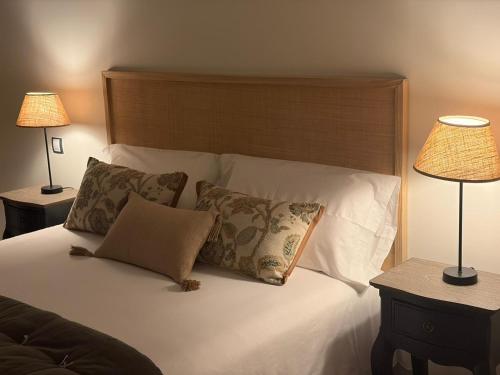a bedroom with a bed with pillows and two lamps at Ale Benavites in Ávila