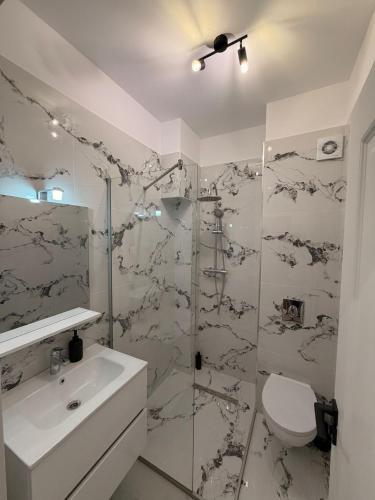a bathroom with a shower and a toilet and a sink at Apartament Căciulata Duo cu 2 camere independente in Căciulata