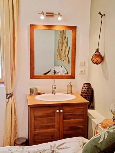 a bathroom with a sink and a mirror at Le Fourneau Rond in Soings-en-Sologne