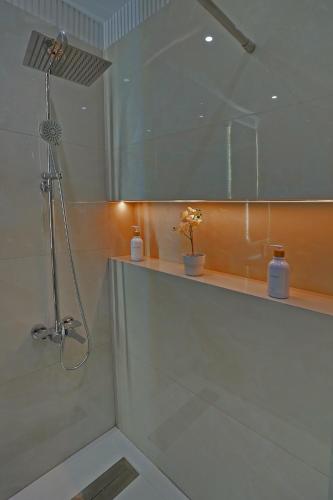 a bathroom with a shower with a mirror at InHome Apartment F2 in Cabo Negro
