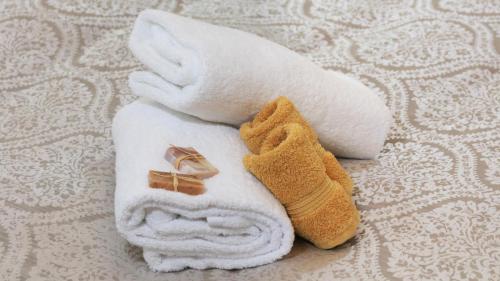 a towel with a shoe on top of it on a bed at Chalets Lumineux in Bright