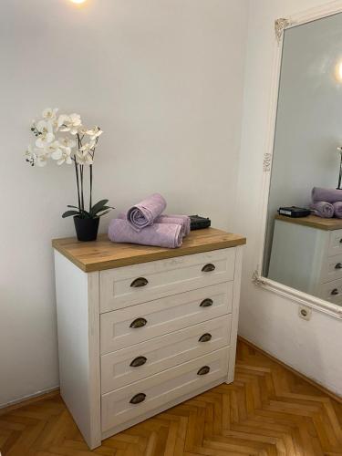 a dresser with a mirror and a vase with flowers on it at Apartment Tiger Lily in Mostar