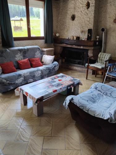 a living room with a couch and a coffee table at Petit cocon connecté à la nature ! in Pouxeux