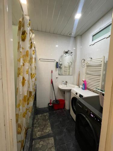 a bathroom with a sink and a washing machine in it at Green Hostel in Yerevan