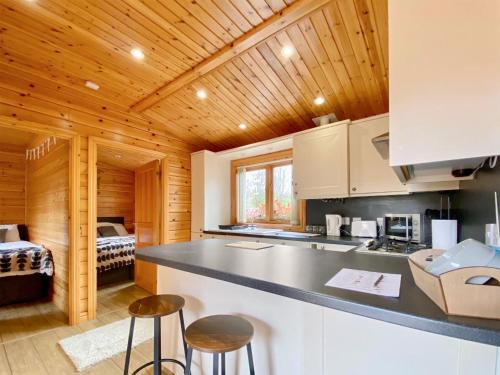 a kitchen in a log cabin with a bed at Pine Lodge - Uk46279 in Camerton