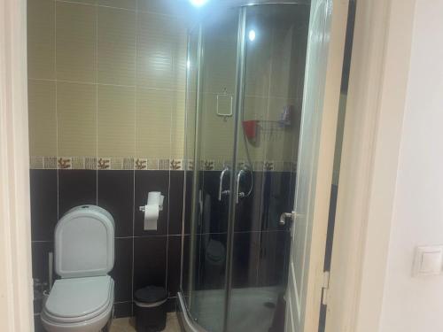 a bathroom with a toilet and a shower at Apartment inside a apartment complex by the beach with public pool in Marina Smir