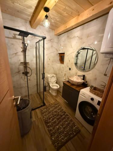 ein Badezimmer mit Dusche, Toilette und Waschbecken in der Unterkunft Villa Viktor Šipovo in Šipovo