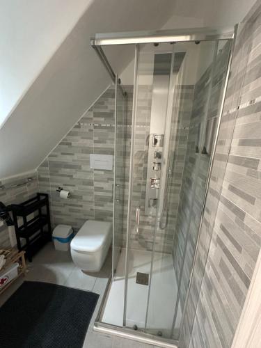 a bathroom with a toilet and a glass shower at La casa di Stella in Isernia