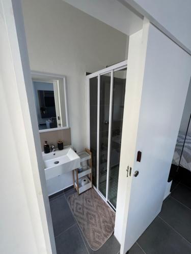 a bathroom with a sink and a glass shower at Muzo Guest Nest in Cape Town