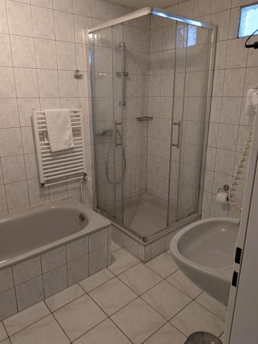 a bathroom with a shower and a tub and a sink at Adlerhorst in Bruchhausen-Vilsen