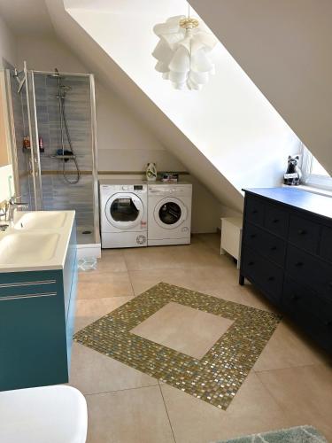 a bathroom with a washing machine and a sink at Haus Güldengossa in Großpösna