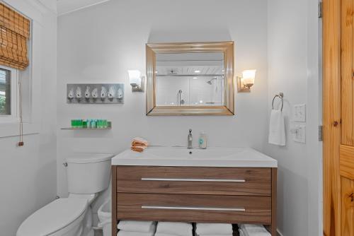 a bathroom with a sink and a toilet and a mirror at Downtown Fairhope Cottage in Fairhope
