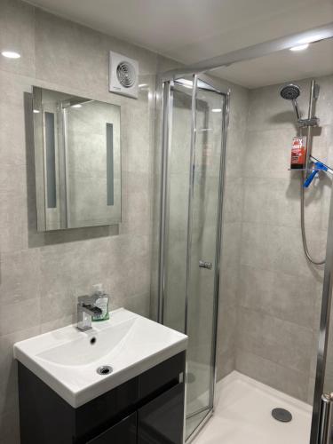 a bathroom with a shower and a white sink at The Garden Studio in Wargrave