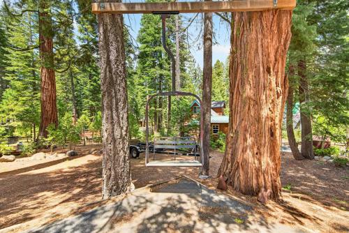 a swing set in the middle of a forest at The Rustic Pine 2BDR Cabin in Tahoma