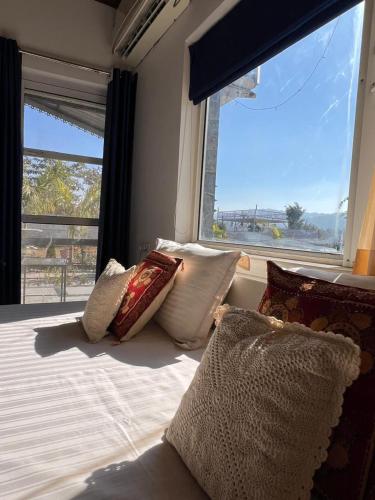 a bedroom with a bed with pillows and a window at Dalipfarm River View Guestroom in Surajpur