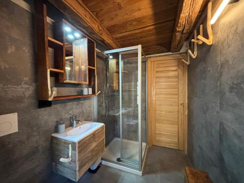 a bathroom with a glass shower and a sink at Riverside Room Elia Family friendly apartment in Pontboset
