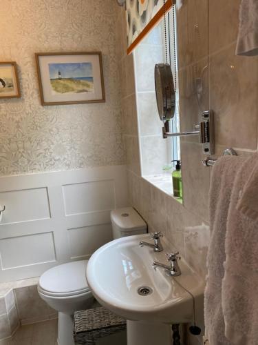 a bathroom with a white toilet and a sink at Cobweb Cottage in Patrington