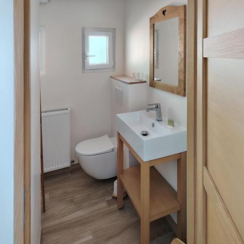 a bathroom with a white sink and a toilet at Le Bellacha in La Léchère