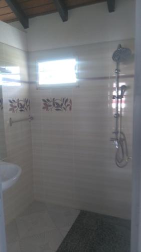 a bathroom with a shower and a sink at Duplex La Rivière in Deshaies
