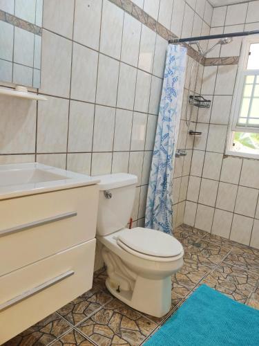 a bathroom with a toilet and a sink and a shower at Cozy Stays in Oranjestad