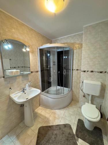 a bathroom with a toilet and a sink and a shower at Pensiunea Turistică Octavian in Moroeni