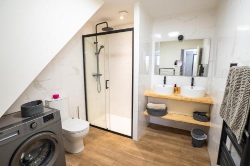 a bathroom with a shower and a toilet and a sink at Ancien Cloître rénové - Hyper centre - T2 de 50m2 in Mont-de-Marsan