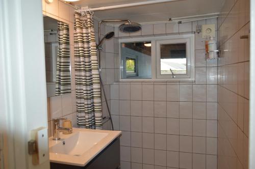 a bathroom with a sink and a mirror at Kilimanjaro & Stayover in Svinninge