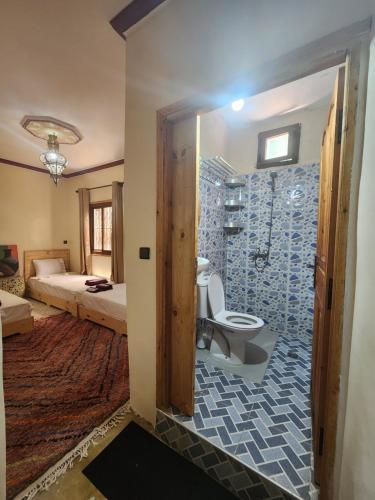 a bathroom with a shower and a toilet in a room at Azul Atlas Lodge in Imlil