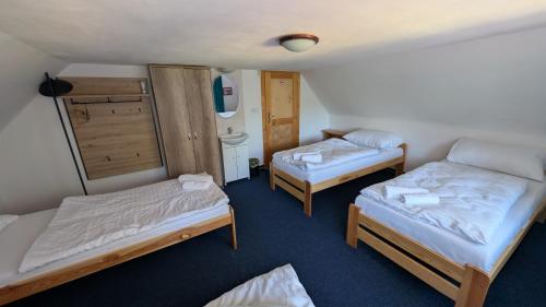 a small room with two beds and a bathroom at 7Rooms in Telnice